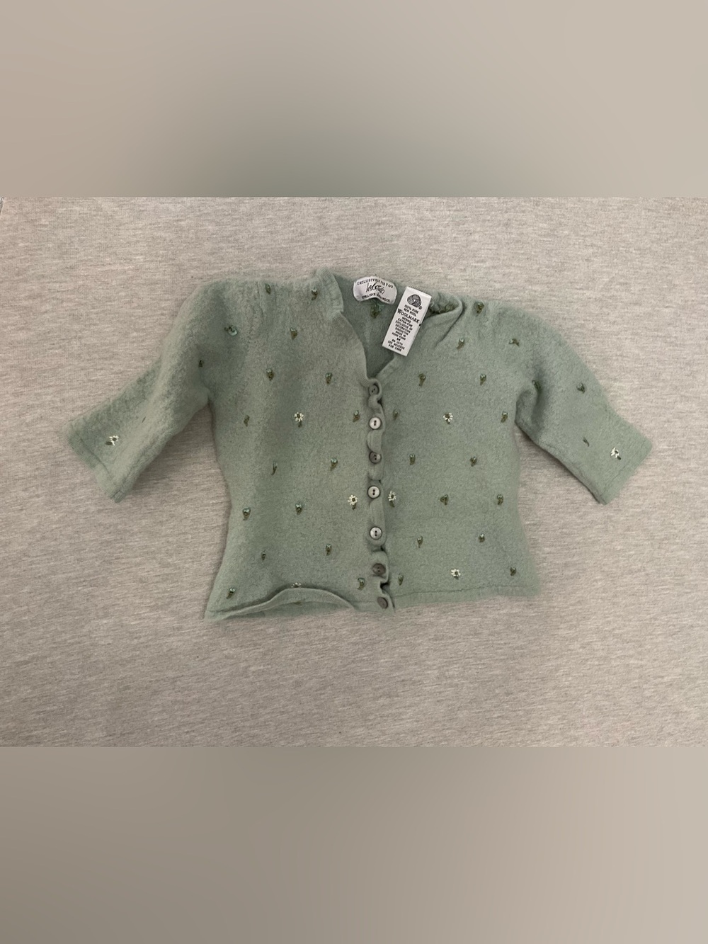Lord & Taylor Mint Green Embellished Wool Button-Up Cardigan